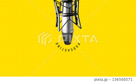 Recording a podcast with a microphone on a bright yellow background 136508571