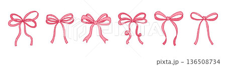 Cute pink coquette bows and knotted ribbons with grunge texture. Hand-drawn crayon bows in whimsical style. Various sketched girly vintage accessories in romantic aesthetic. Vector set Cute pink coquette bows and knotted ribbons with grunge texture. Hand-drawn crayon bows in whimsical style. Various sketched girly vintage accessories in romantic aesthetic. Vector set 136508734