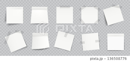 White 3d paper note. Realistic sticky memo page with adhesive tape, blank rolled paper sheet for information board. Empty important reminder for message, office notice and checklist. Vector set 136508776