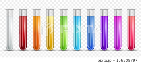 3D realistic glass test tube with biological color liquids. Transparent lab container, medicine laboratory check up equipment. Clinical diagnostic, hematology vial vector isolated mockup 136508797