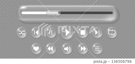 Liquid glass media play, 3d transparent realistic button with control icons. Glossy glassmorphism interface, bar slider and play, stop and pause, favorite music symbols. Mobile app UI vector template 136508798