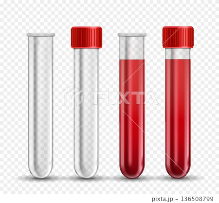 Realistic glass test tube with blood 3d mockup. Transparent empty lab container with red lid, medicine laboratory check up equipment. Clinical diagnostic, hematology vial vector isolated template 136508799