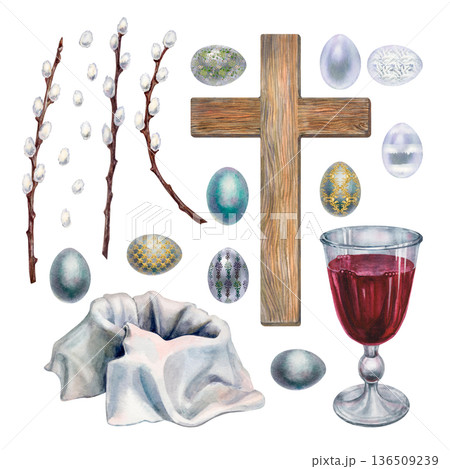 Easter set of a simple wooden cross, pussy willow branches, white fabric, pearl-gray patterned eggs, and a glass goblet of red wine. Watercolor illustration for religious designs, church websites 136509239