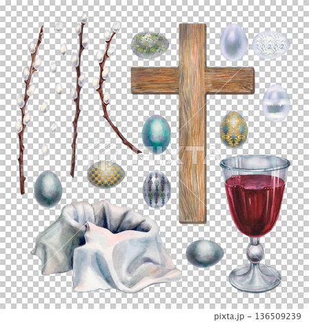 Easter set of a simple wooden cross, pussy willow branches, white fabric, pearl-gray patterned eggs, and a glass goblet of red wine. Watercolor illustration for religious designs, church websites 136509239