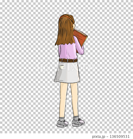 A girl holding a book back view color sketch illustration A girl holding a book back view color sketch illustration 136509531
