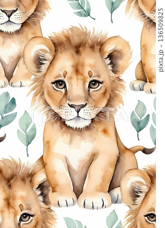 Watercolor cute lion cub seamless pattern for wrapping paper and fabric design 136509825