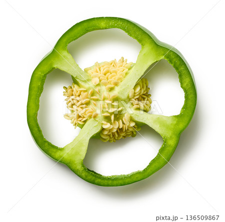 Fresh green bell pepper slice with seeds isolated on white background, top view 136509867