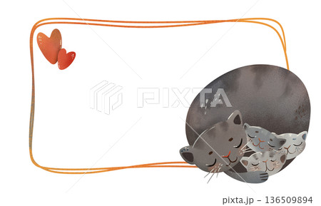 Cute cat mother and babies cuddling inside a cozy frame with textured heart and orange ribbons. Perfect for Mother's Day, baby shower invites, nursery wall, maternity prints, family love designs 136509894