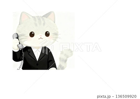 ビジネス猫キャラクターシリーズ｜電話対応・問い合わせ対応イメージ（白背景・コピースペースあり） 136509920