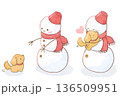 子犬を抱きしめる雪だるまのイラスト 136509951