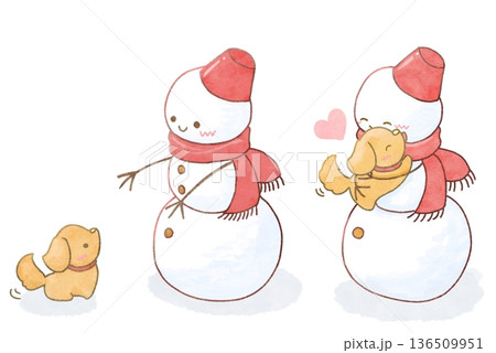 子犬を抱きしめる雪だるまのイラスト 136509951