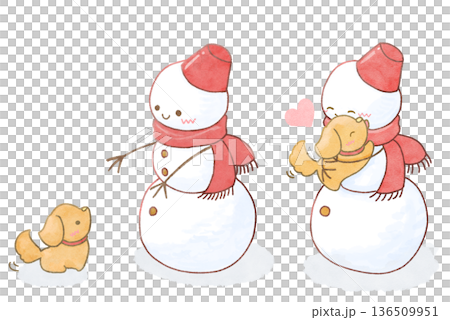 Illustration of a Snowman Hugging a Puppy 136509951