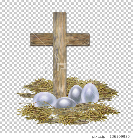 Simple Easter composition with a wooden cross and pearl-gray eggs on straw. A minimalist hand-drawn watercolor illustration for religious designs, church websites, newsletters, and greeting cards. Simple Easter composition with a wooden cross and pearl-gray eggs on straw. A minimalist hand-drawn watercolor illustration for religious designs, church websites, newsletters, and greeting cards. 136509980