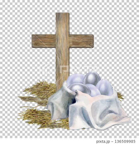 Simple wooden cross, Easter eggs in a deep bowl covered with a pleated white cloth napkin. Watercolor illustration hand drawn for religious designs, church websites and bulletins, greeting cards Simple wooden cross, Easter eggs in a deep bowl covered with a pleated white cloth napkin. Watercolor illustration hand drawn for religious designs, church websites and bulletins, greeting cards 136509985