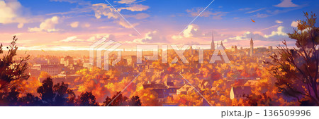 秋の夕暮れの都市の遠景、アニメ風 136509996