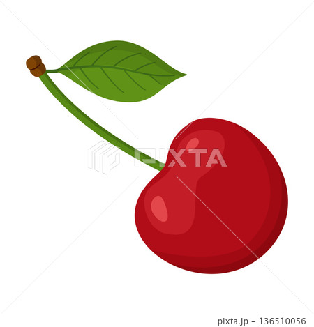 Single red cherry with green leaf and stem. Bright Hand drawn trendy flat style 136510056