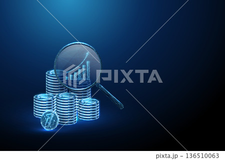 3d stacks of coins under magnifying glass with upward graph. Financial analysis, investment growth, market research, revenue analytics, business intelligence concept. 136510063