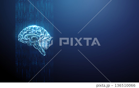 Blue 3d human brain in flowing data stream. AI, neural processing, medical data analysis, neuroscience research, digital cognition, healthcare technology concept. Blue 3d human brain in flowing data stream. AI, neural processing, medical data analysis, neuroscience research, digital cognition, healthcare technology concept. 136510066