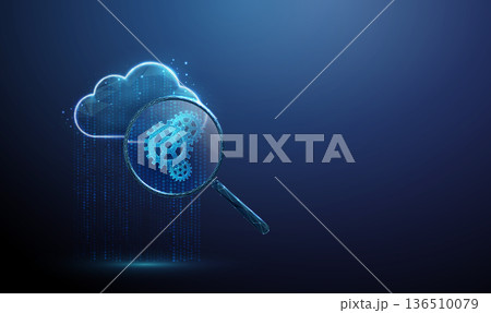 3d data cloud in flowing stream of dots, magnifying glass with gears Data processing analysis, system automation, workflow optimization, technology inspection concept. 3d data cloud in flowing stream of dots, magnifying glass with gears Data processing analysis, system automation, workflow optimization, technology inspection concept. 136510079