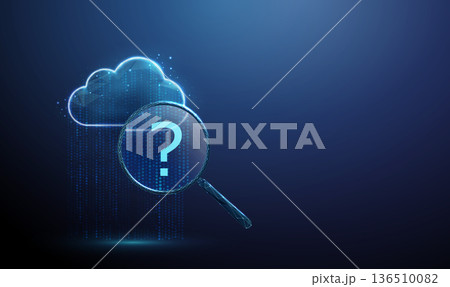 3d data cloud in flowing data stream under magnifying glass with question mark. Data investigation, diagnostics, information search, problem identification concept. 3d data cloud in flowing data stream under magnifying glass with question mark. Data investigation, diagnostics, information search, problem identification concept. 136510082