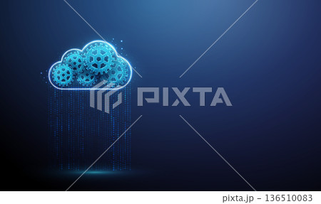3d blue data cloud in flowing stream of dots with gears inside. Cloud computing, data processing automation, digital workflow, AI-driven solutions, machine learning concept 136510083