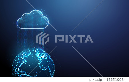 3d data cloud, planet Earth,flowing data stream. Global data exchange, worldwide cloud computing, distributed networks, cloud services, digital communication concept. 136510084