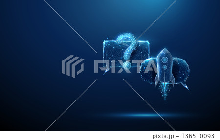 Speech bubbles with a question mark and a rocket icon. Question processing, AI-powered chatbots, fast response systems, intelligent assistance concept. 136510093