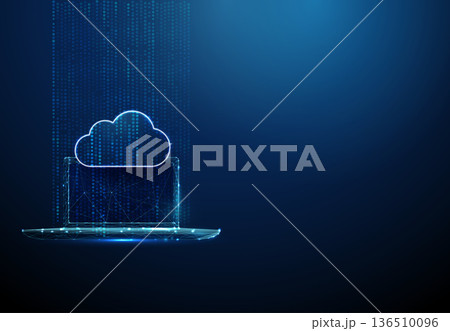 3d laptop with flowing stream of data points and data cloud. Cloud computing, data processing, network connectivity, big data analytics, cloud infrastructure concept. 136510096
