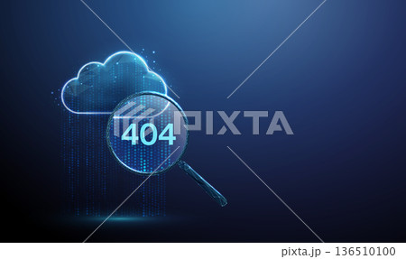 3d data cloud with magnifying glass containing 404. Error detection, website monitoring, troubleshooting, network analysis, data search, cybersecurity alert concept. 136510100