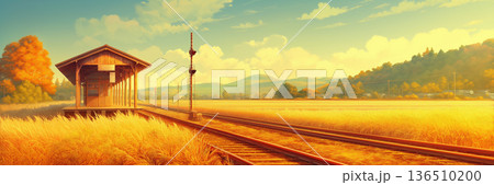 秋の夕暮れの田舎の無人駅、アニメ風 136510200