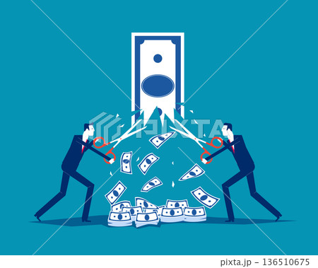 Value Added. Businessman take scissors to falling banknote 136510675
