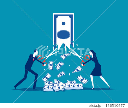 Value Added. Businessman and woman take scissors to falling banknote 136510677