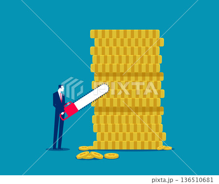 Business saving. Businessman cutting gold coins with chainsaw 136510681