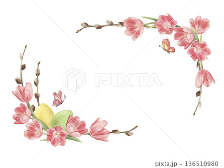 Easter watercolor frame with spring flowers, tulips, willow branches, eggs and butterflies. Hand-drawn botanical illustration in pastel colors for greeting cards, wedding invites and posters Easter watercolor frame with spring flowers, tulips, willow branches, eggs and butterflies. Hand-drawn botanical illustration in pastel colors for greeting cards, wedding invites and posters 136510980