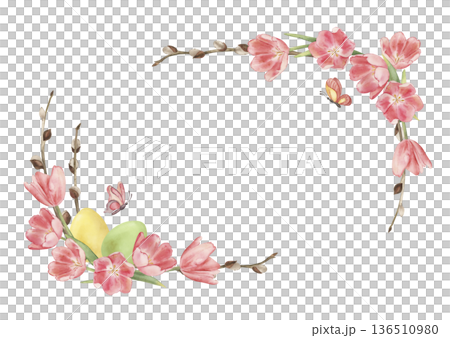 Easter watercolor frame with spring flowers, tulips, willow branches, eggs and butterflies. Hand-drawn botanical illustration in pastel colors for greeting cards, wedding invites and posters Easter watercolor frame with spring flowers, tulips, willow branches, eggs and butterflies. Hand-drawn botanical illustration in pastel colors for greeting cards, wedding invites and posters 136510980