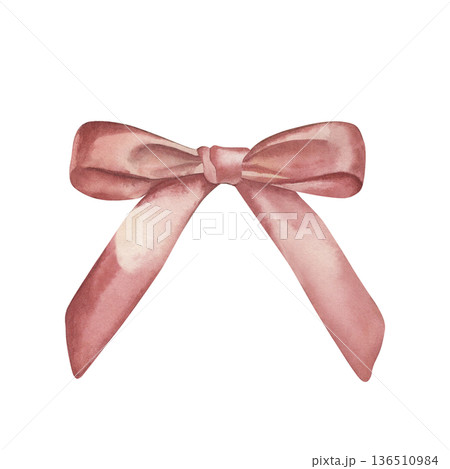 Elegant watercolor pink bow isolated on white. Hand-drawn botanical style illustration in pastel tones for wedding stationery, birthday cards, gift tags, festive decor and feminine design 136510984