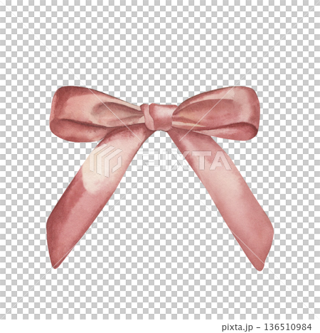 Elegant watercolor pink bow isolated on white. Hand-drawn botanical style illustration in pastel tones for wedding stationery, birthday cards, gift tags, festive decor and feminine design 136510984