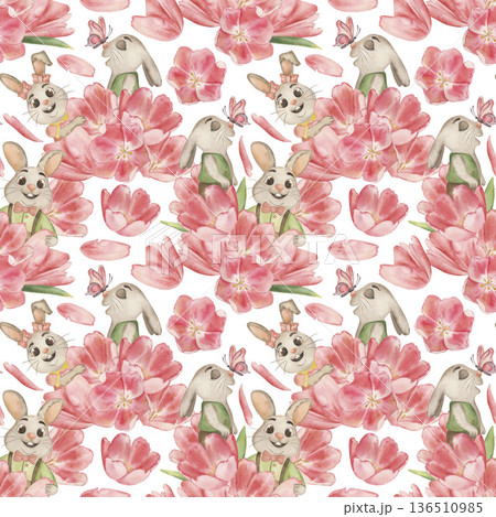 Spring watercolor seamless pattern with cute bunnies, pink tulips and butterflies. Hand-drawn botanical illustration in pastel colors for fabric, nursery wallpaper, wrapping paper and textile 136510985