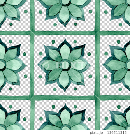 Seamless pattern with ornamental tiles. Watercolor illustration in green. Seamless pattern with ornamental tiles. Watercolor illustration in green. 136511313