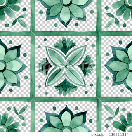 Seamless pattern with ornamental tiles. Watercolor illustration in green. 136511314