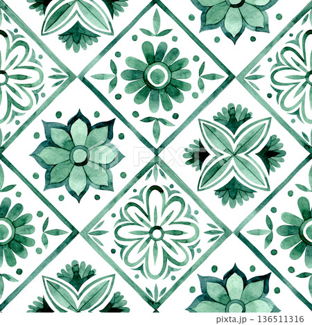 Seamless pattern with diamonds and ornamental tiles. Watercolor illustration in green. Seamless pattern with diamonds and ornamental tiles. Watercolor illustration in green. 136511316