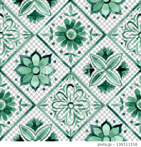 Seamless pattern with diamonds and ornamental tiles. Watercolor illustration in green. 136511316