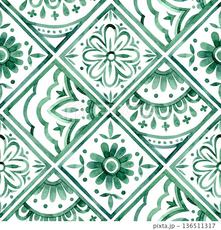 Seamless pattern with diamonds and ornamental tiles. Watercolor illustration in green. 136511317
