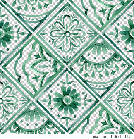 Seamless pattern with diamonds and ornamental tiles. Watercolor illustration in green. 136511317