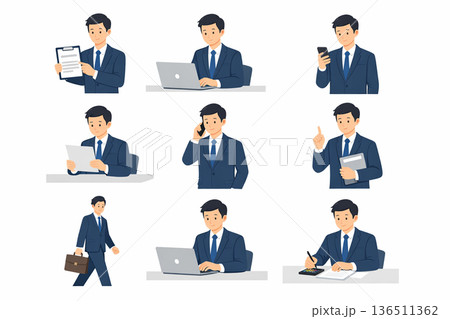 ビジネスシーンセット フラットイラスト 商談・説明・営業・打ち合わせ ビジネスシーンセット フラットイラスト 商談・説明・営業・打ち合わせ 136511362