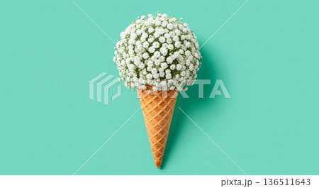 Whimsical ice cream cone filled with delicate white baby's breath flowers on teal background 136511643