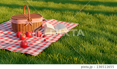 Relaxing picnic setup with a book and apples on a checkered blanket in green grass Relaxing picnic setup with a book and apples on a checkered blanket in green grass 136511655