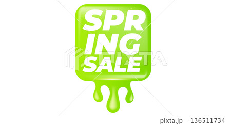 Green Spring Sale vector banner with liquid dripping effect, creative green gradient typography isolated on white background for retail promotion and seasonal discount 136511734