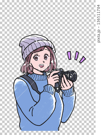 カメラを持つ笑顔の女性のイラスト 136511784