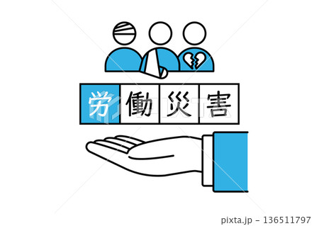 様々な怪我をした人物のピクトグラムと労働災害の文字を掲げるスーツを着た人物の手 136511797
